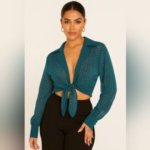 Top Chic Tie Front Semi Sheer Sparkle Studded Cropped Blouse Forest Green L